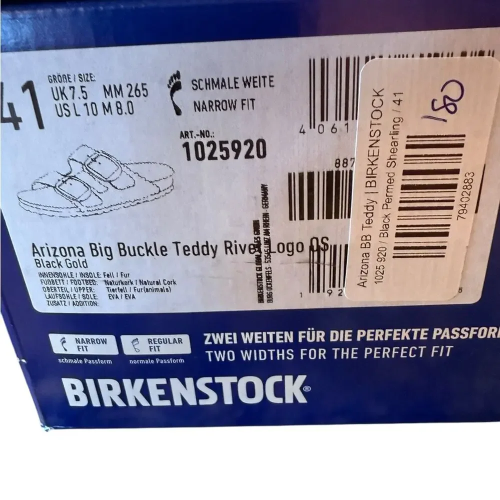Birkenstock Arizona Big Buckle Teddy Black & Gold Sandals Womens Size 10 NIB